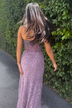 Sparkly Blue Sweetheart Sequins Bodycon Long Corset Prom Dress with Beading