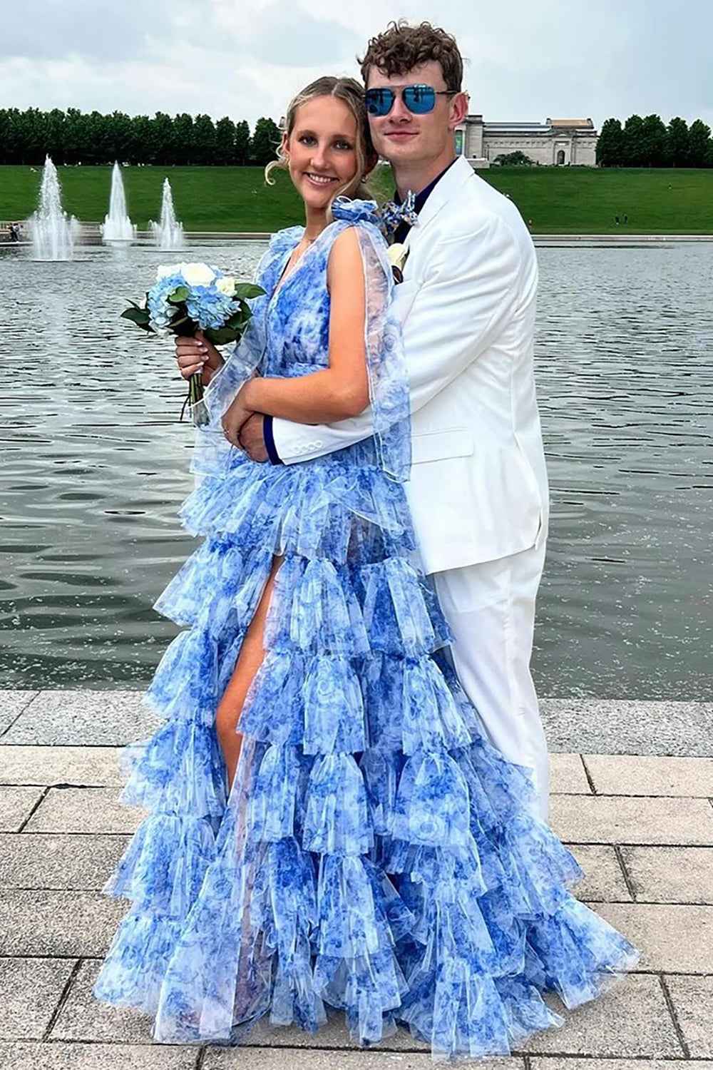 Blue Floral Printed V-neck A-Line Ruffled Long Prom Dress with Slit