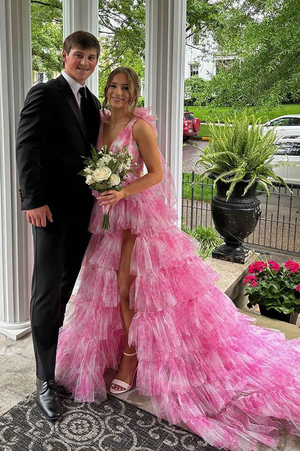 Blue Floral Printed V-neck A-Line Ruffled Long Prom Dress with Slit
