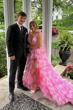 Blue Floral Printed V-neck A-Line Ruffled Long Prom Dress with Slit