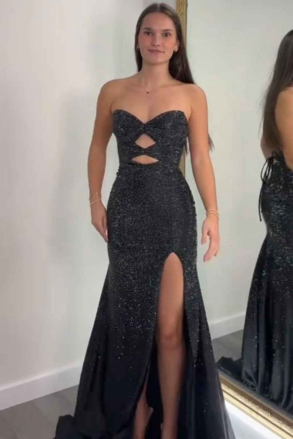 Sparkly Navy  Sweetheart Mermaid Cut Out Long Prom Dress with Beading