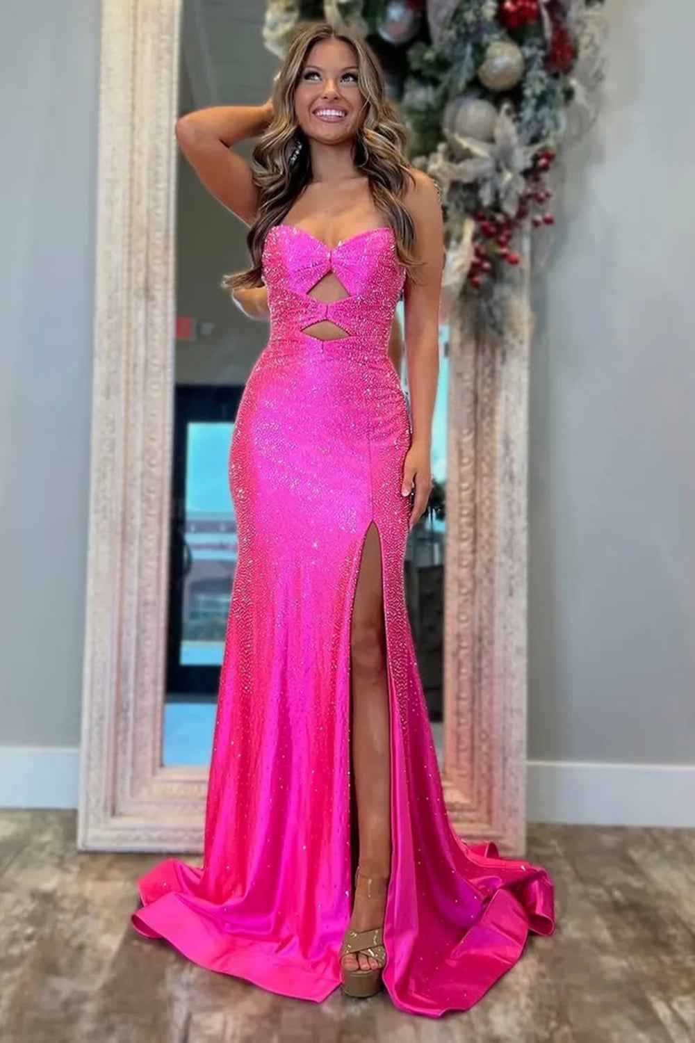 Sparkly Navy  Sweetheart Mermaid Cut Out Long Prom Dress with Beading