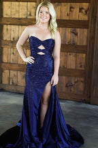Sparkly Navy  Sweetheart Mermaid Cut Out Long Prom Dress with Beading
