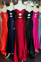 Glitter Yellow Sweetheart Mermaid Cut-out Long Prom Dress with Beading