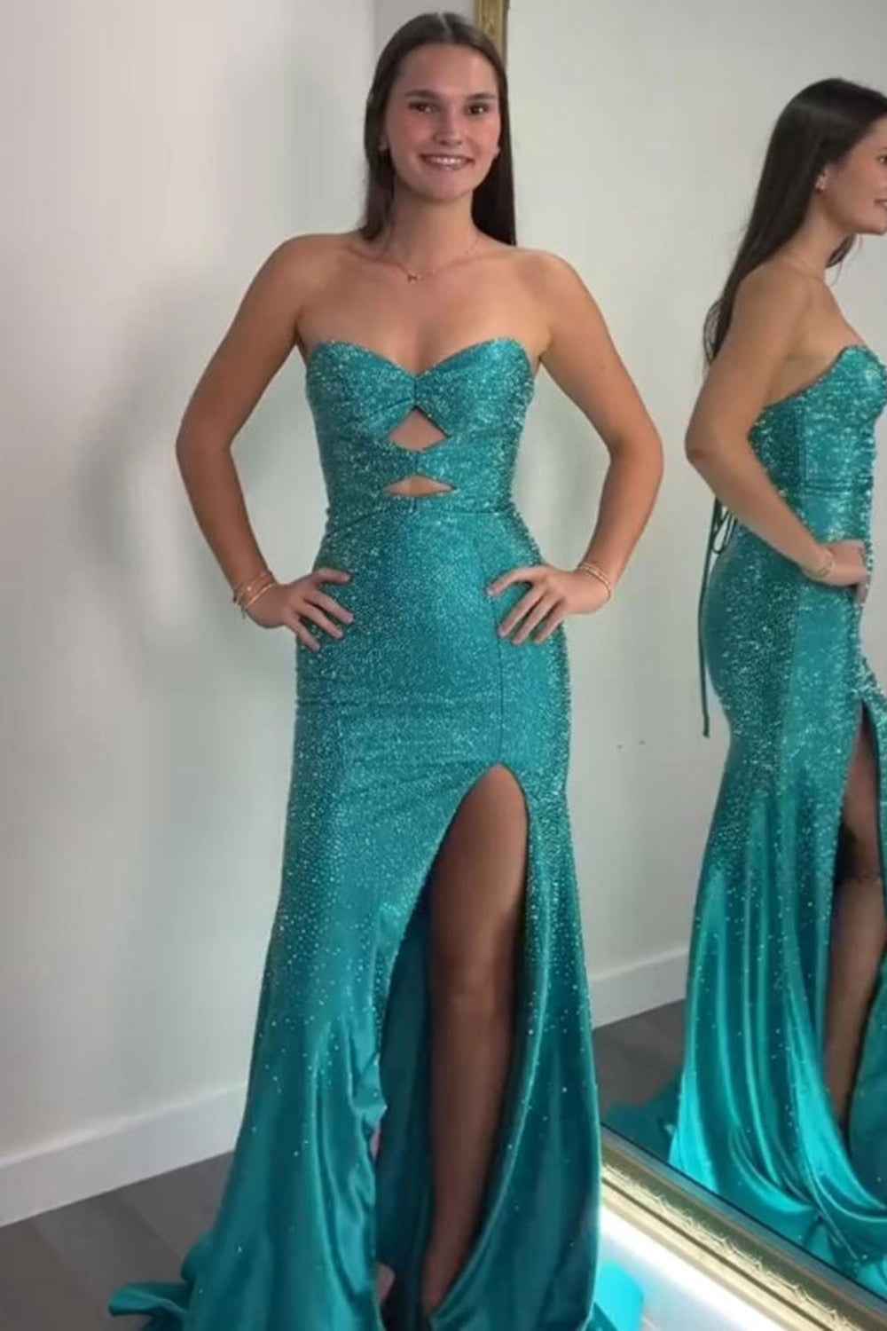 Sparkly Navy  Sweetheart Mermaid Cut Out Long Prom Dress with Beading
