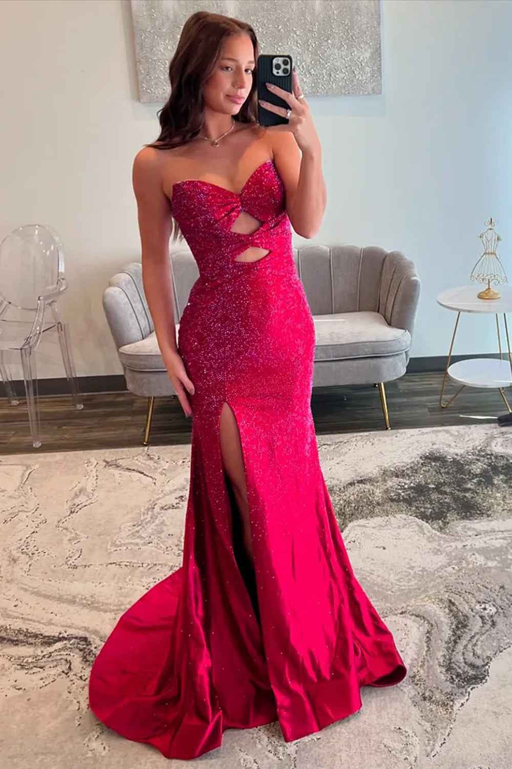 Glitter Yellow Sweetheart Mermaid Cut-out Long Prom Dress with Beading