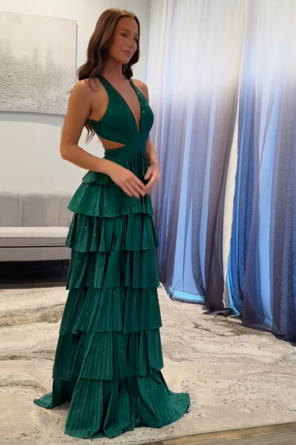 Sparkly Emerald Green Corset A Line Tiered Beaded Prom Dress with Slit