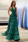 Sparkly Emerald Green Corset A Line Tiered Beaded Prom Dress with Slit