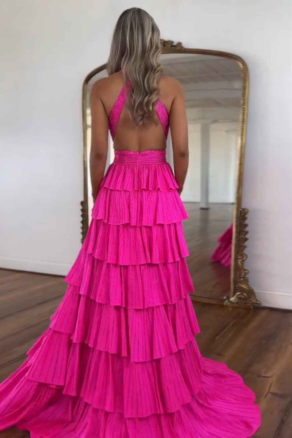 Sparkly Grey A Line Tiered Corset Long Beaded Prom Dress with Slit