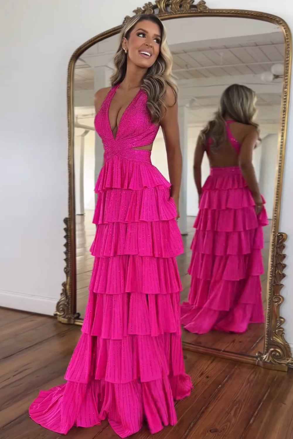 Sparkly Emerald Green Corset A Line Tiered Beaded Prom Dress with Slit