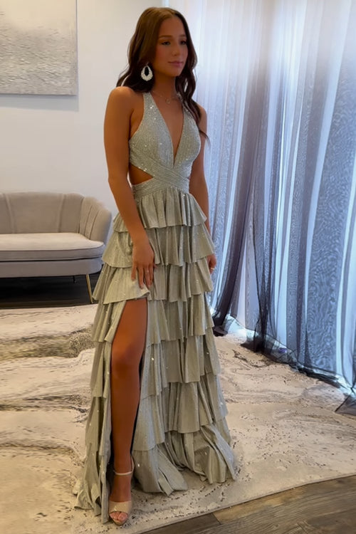 Sparkly Grey A Line Tiered Corset Long Beaded Prom Dress with Slit