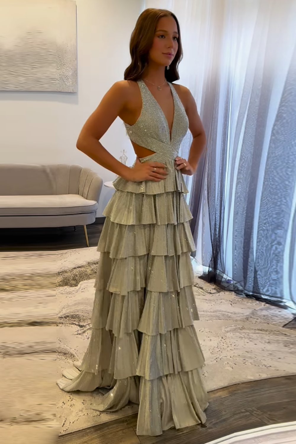 Sparkly Emerald Green Corset A Line Tiered Beaded Prom Dress with Slit