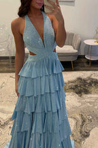 Sparkly Emerald Green Corset A Line Tiered Beaded Prom Dress with Slit