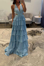 Sparkly Grey A Line Tiered Corset Long Beaded Prom Dress with Slit