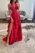 Black Sparkly A Line Beaded Long Corset Prom Dress with Slit