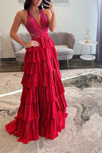 Sparkly Grey A Line Tiered Corset Long Beaded Prom Dress with Slit