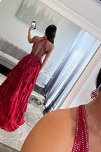 Sparkly Emerald Green Corset A Line Tiered Beaded Prom Dress with Slit