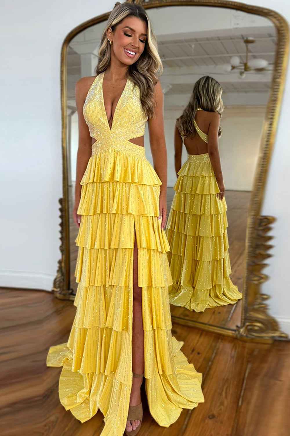 Sparkly Grey A Line Tiered Corset Long Beaded Prom Dress with Slit