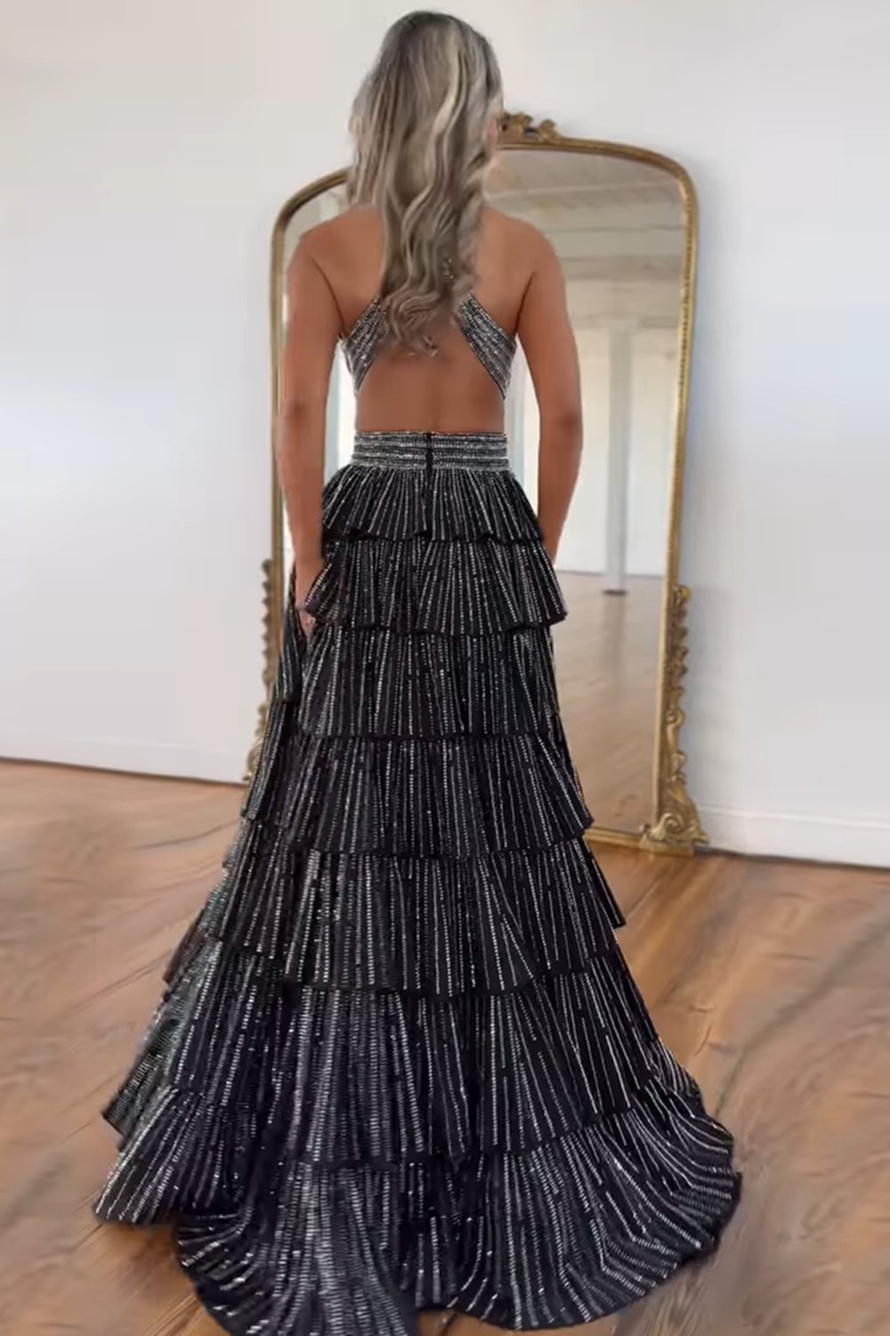 Sparkly Emerald Green Corset A Line Tiered Beaded Prom Dress with Slit