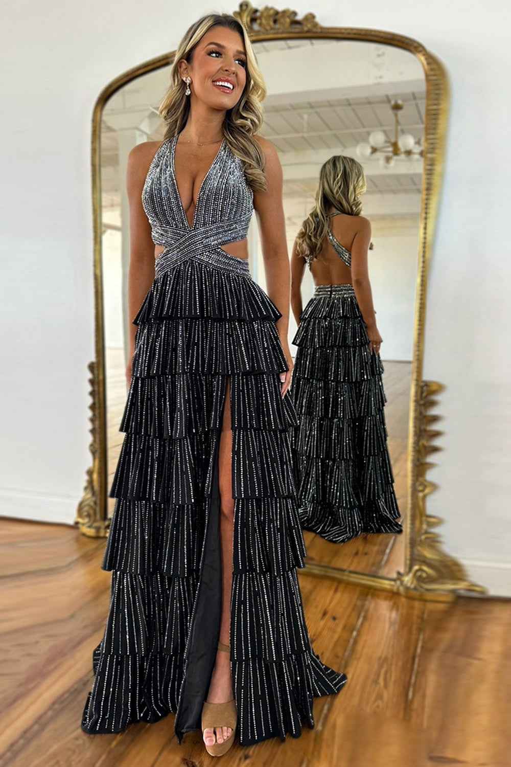 Black Sparkly A Line Beaded Long Corset Prom Dress with Slit