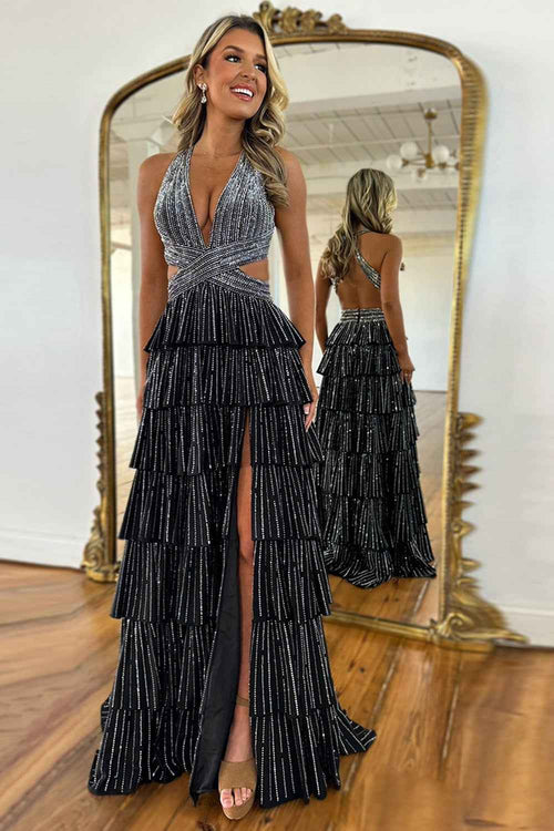 Black Sparkly A Line Beaded Long Corset Prom Dress with Slit BMBRIDE
