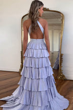 Sparkly Grey A Line Tiered Corset Long Beaded Prom Dress with Slit