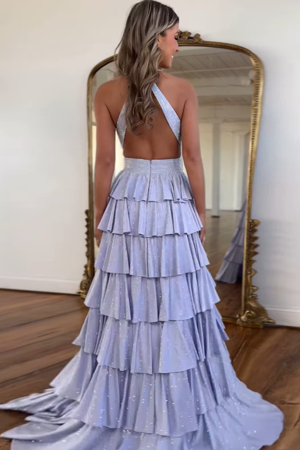 Sparkly Grey A Line Tiered Corset Long Beaded Prom Dress with Slit
