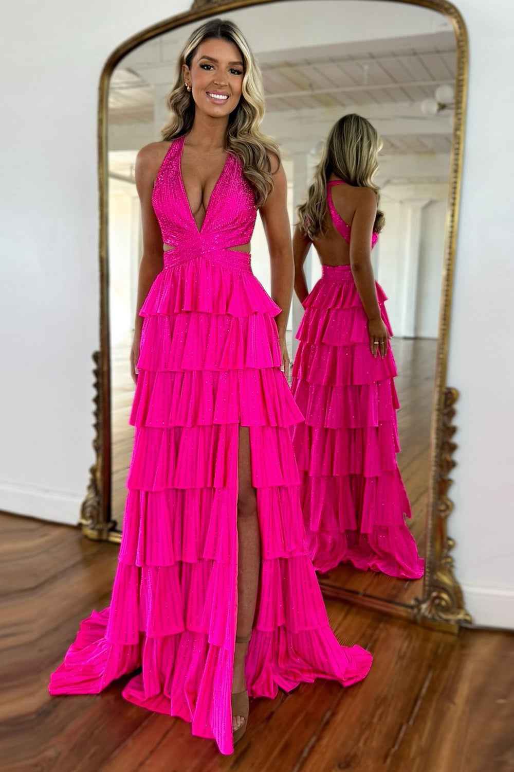Sparkly Grey A Line Tiered Corset Long Beaded Prom Dress with Slit