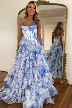 Blush Sweetheart A-Line Chiffon Floral Ruffled Long Corset Prom Dress with Slit