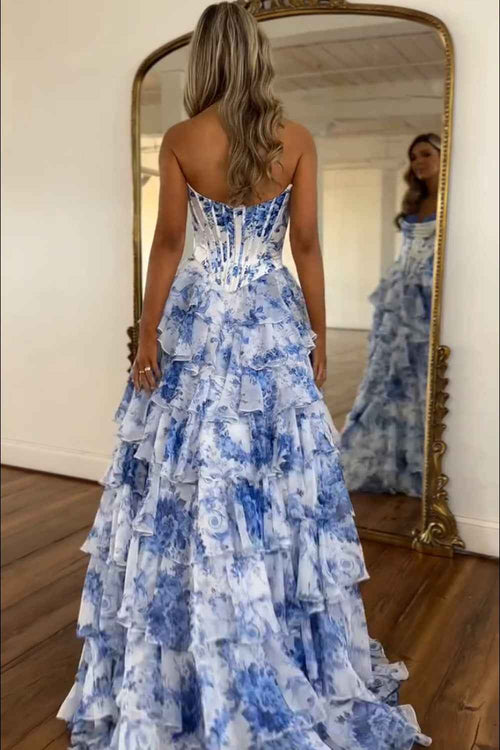 Blush Sweetheart A-Line Chiffon Floral Ruffled Long Corset Prom Dress with Slit BMBRIDE