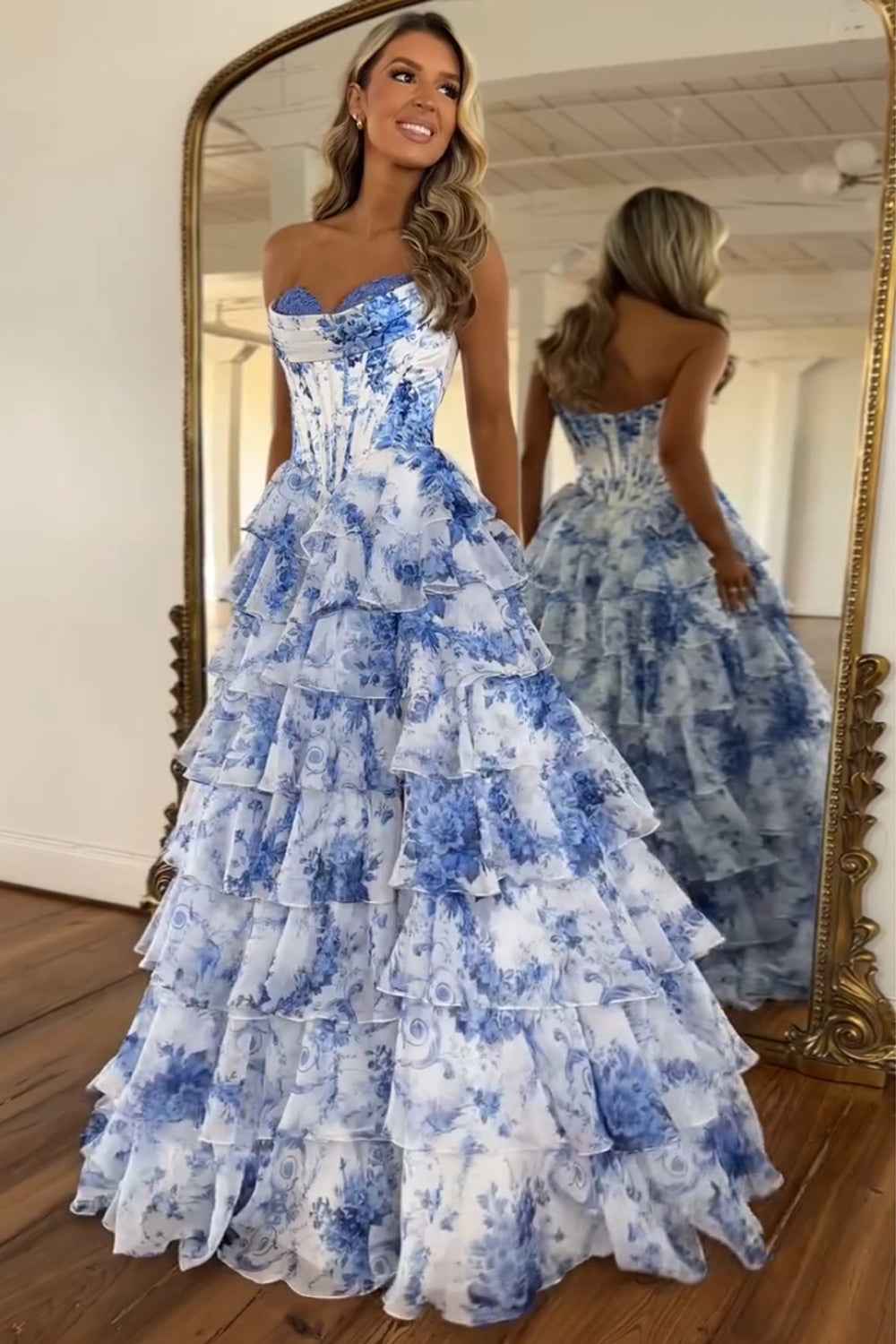 Blush Sweetheart A-Line Chiffon Floral Ruffled Long Corset Prom Dress with Slit
