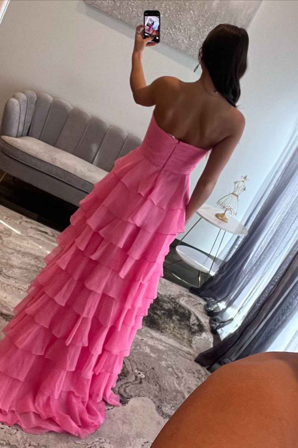 Hot Pink Sweetheart A-Line Chiffon Long Ruffled Prom Dress with Slit