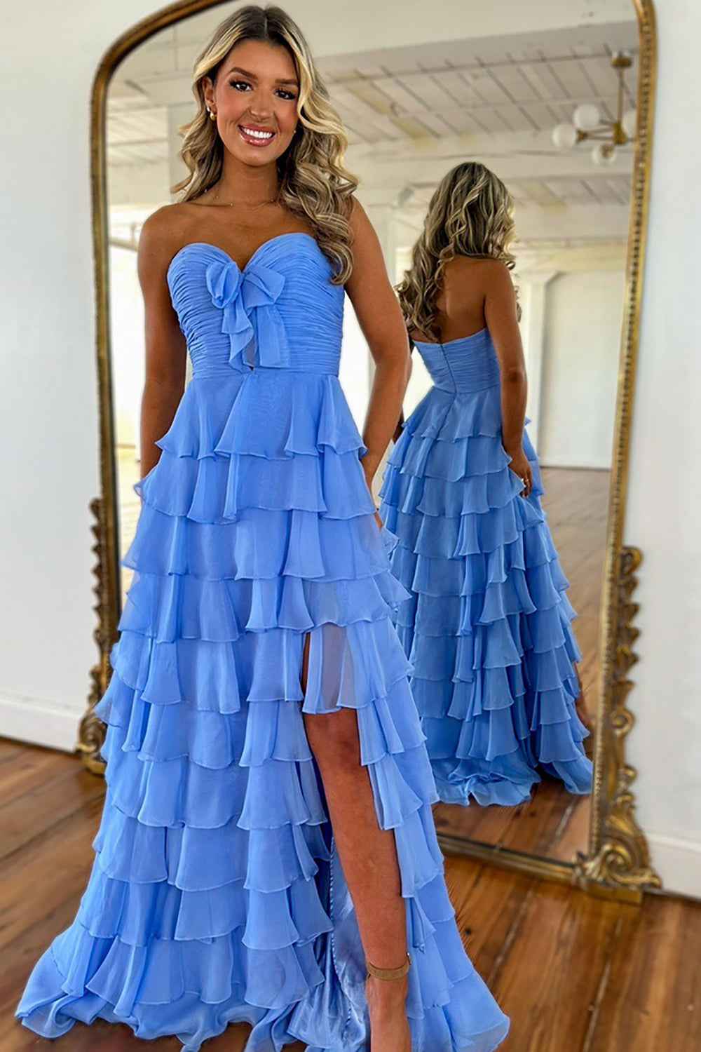 Hot Pink Sweetheart A-Line Chiffon Long Ruffled Prom Dress with Slit
