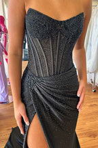 Sparkly Golden Sweetheart Mermaid Beaded Long Corset Prom Dress with Slit