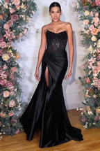 Sparkly Golden Sweetheart Mermaid Beaded Long Corset Prom Dress with Slit