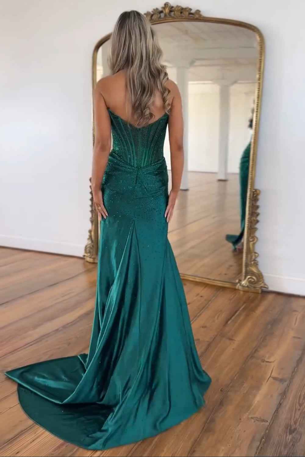 Sparkly Golden Sweetheart Mermaid Beaded Long Corset Prom Dress with Slit