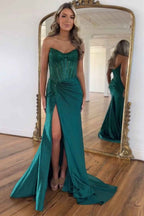 Sparkly Golden Sweetheart Mermaid Beaded Long Corset Prom Dress with Slit