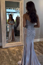Sparkly Golden Sweetheart Mermaid Beaded Long Corset Prom Dress with Slit