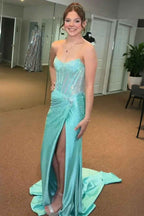 Sparkly Golden Sweetheart Mermaid Beaded Long Corset Prom Dress with Slit