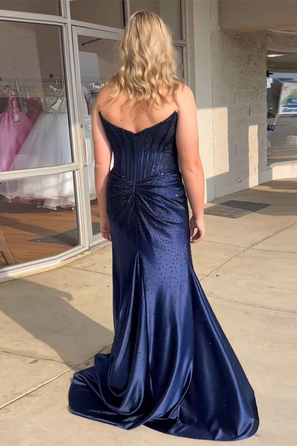 Sparkly Golden Sweetheart Mermaid Beaded Long Corset Prom Dress with Slit