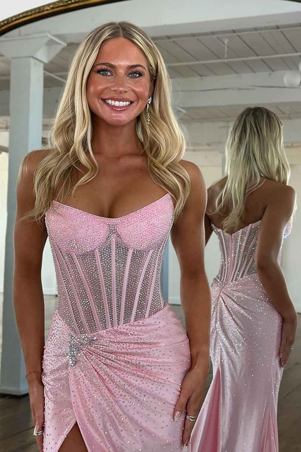 Sparkly Golden Sweetheart Mermaid Beaded Long Corset Prom Dress with Slit
