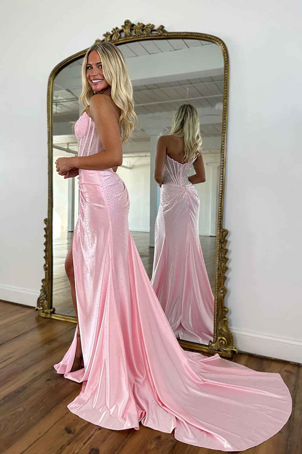 Sparkly Golden Sweetheart Mermaid Beaded Long Corset Prom Dress with Slit
