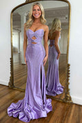Glitter Lilac Sweetheart Mermaid Cut-out Long Prom Dress with Beading