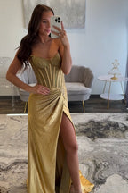 Sparkly Golden Sweetheart Mermaid Beaded Long Corset Prom Dress with Slit