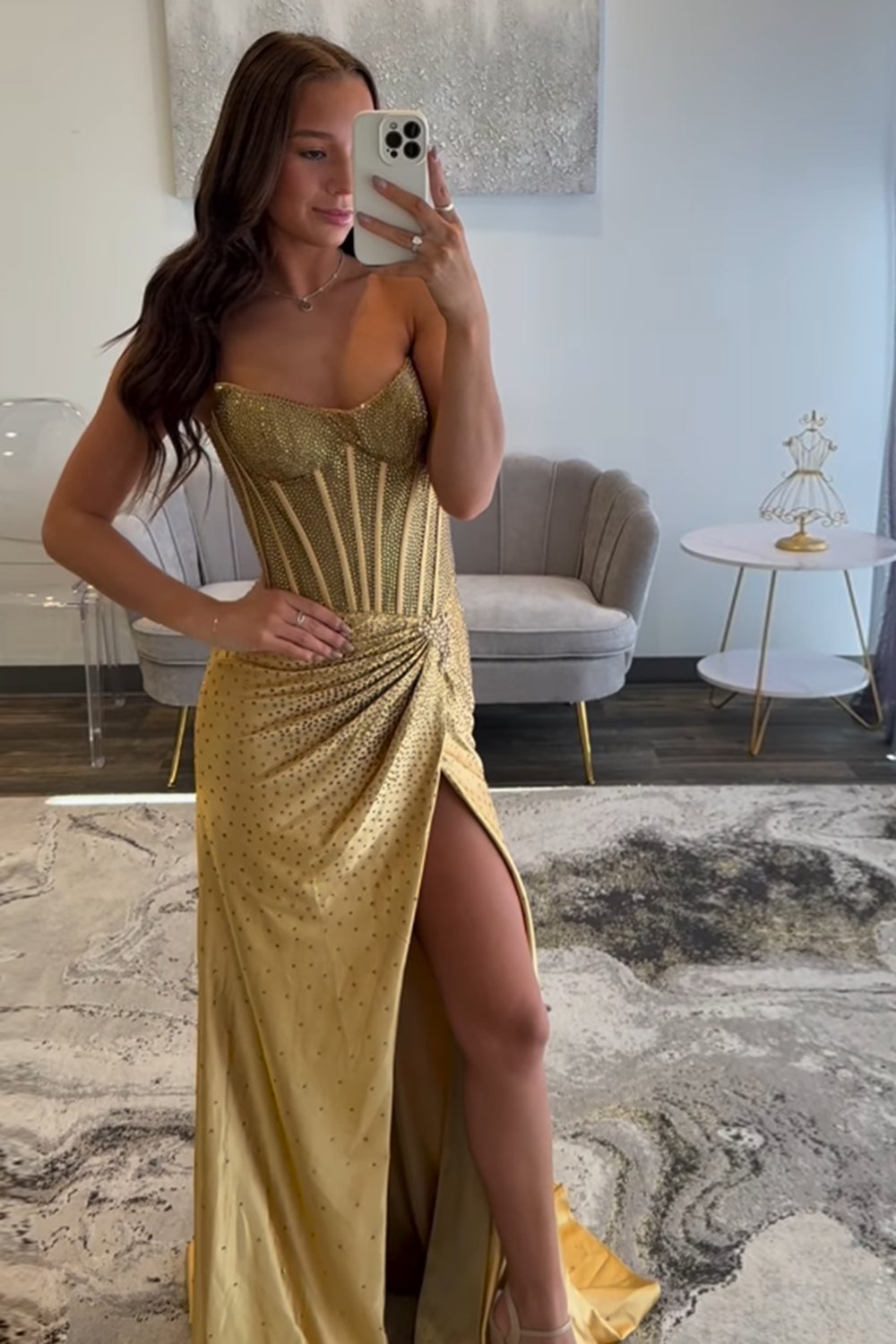 Sparkly Golden Sweetheart Mermaid Beaded Long Corset Prom Dress with Slit