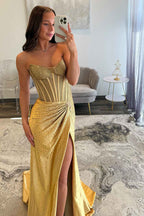 Sparkly Golden Sweetheart Mermaid Beaded Long Corset Prom Dress with Slit