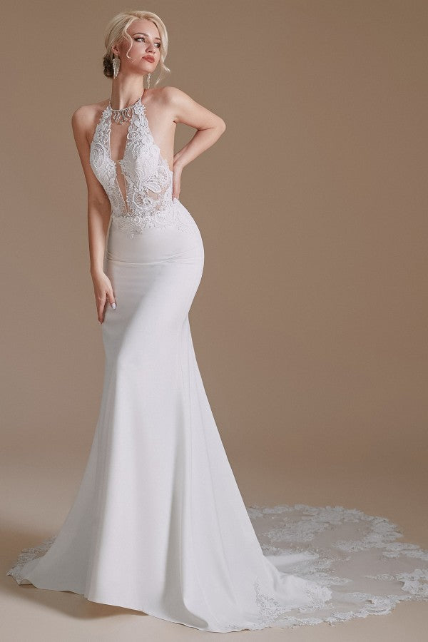 Modest Long Mermaid Halter Backless Satin Wedding Dress with Lace Appliques BM bride