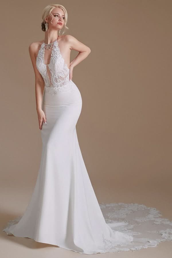 Modest Long Mermaid Halter Backless Satin Wedding Dress with Lace Appliques BM bride