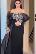 Glamorous Black Off the Shoulder Long Sleeves Long Prom Dress With Beadings