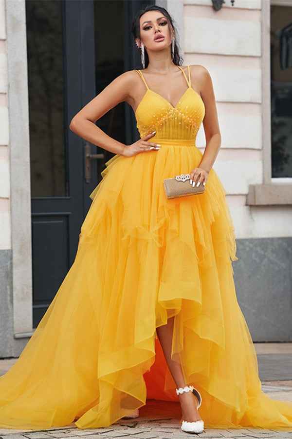 Chic Spaghetti Strap V Neck Sleeveless Tulle Long Prom Dress With Beadings